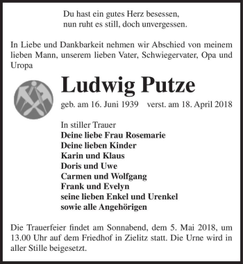 Traueranzeige von Ludwig Putze  von Magdeburger Volksstimme