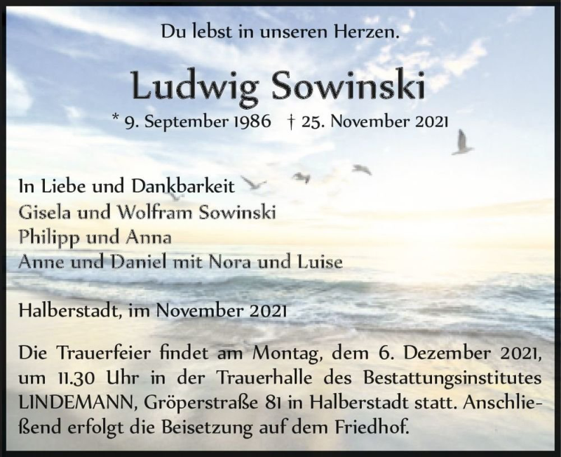  Traueranzeige für Ludwig Sowinski  vom 04.12.2021 aus Magdeburger Volksstimme