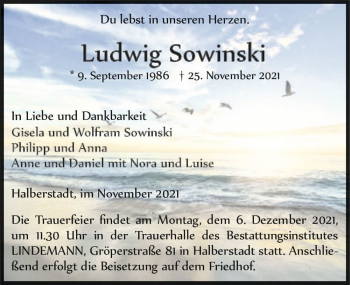 Traueranzeige von Ludwig Sowinski  von Magdeburger Volksstimme