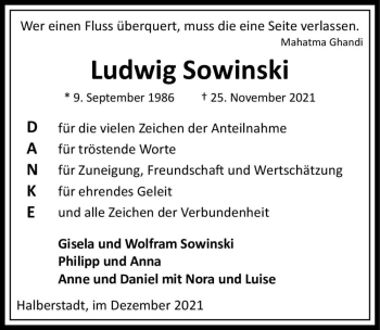 Traueranzeige von Ludwig Sowinski  von Magdeburger Volksstimme