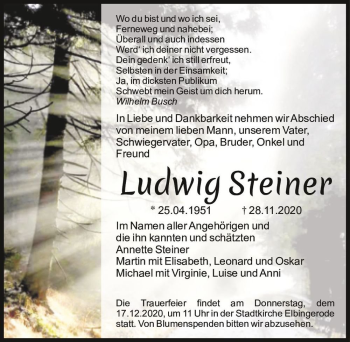 Traueranzeige von Ludwig Steiner  von Magdeburger Volksstimme