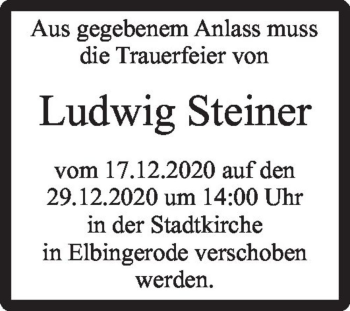Traueranzeige von Ludwig Steiner  von Magdeburger Volksstimme