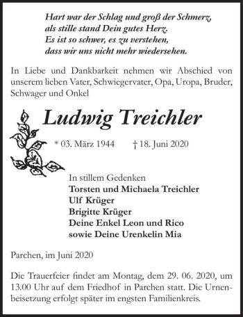 Traueranzeige von Ludwig Treichler  von Magdeburger Volksstimme