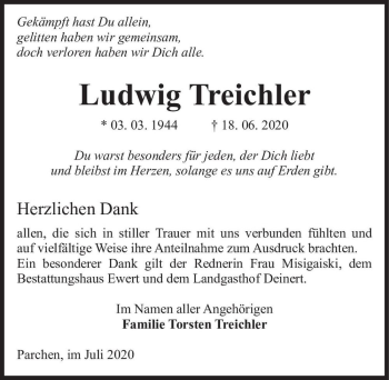 Traueranzeige von Ludwig Treichler  von Magdeburger Volksstimme