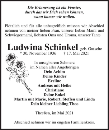 Traueranzeige von Ludwina Schinkel (geb. Gutsche)  von Magdeburger Volksstimme