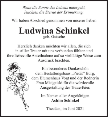 Traueranzeige von Ludwina Schinkel (geb. Gutsche)  von Magdeburger Volksstimme