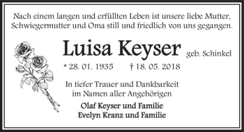 Traueranzeige von Luisa Keyser (geb. Schinkel)  von Magdeburger Volksstimme