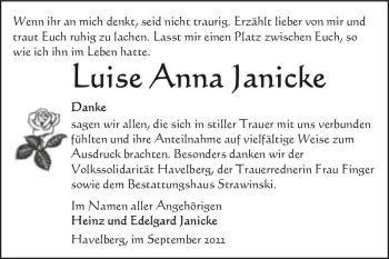 Traueranzeige von Luise Anna Janicke  von Magdeburger Volksstimme