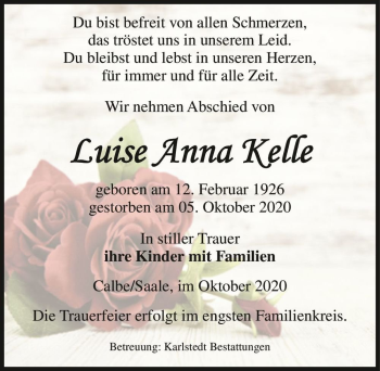 Traueranzeige von Luise Anna Kelle  von Magdeburger Volksstimme