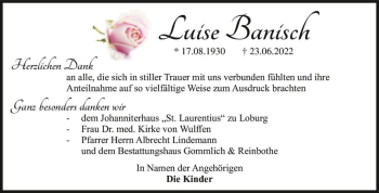 Traueranzeige von Luise Banisch  von Magdeburger Volksstimme