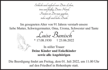 Traueranzeige von Luise Banisch  von Magdeburger Volksstimme