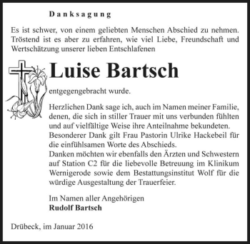 Traueranzeige von Luise Bartsch  von Magdeburger Volksstimme
