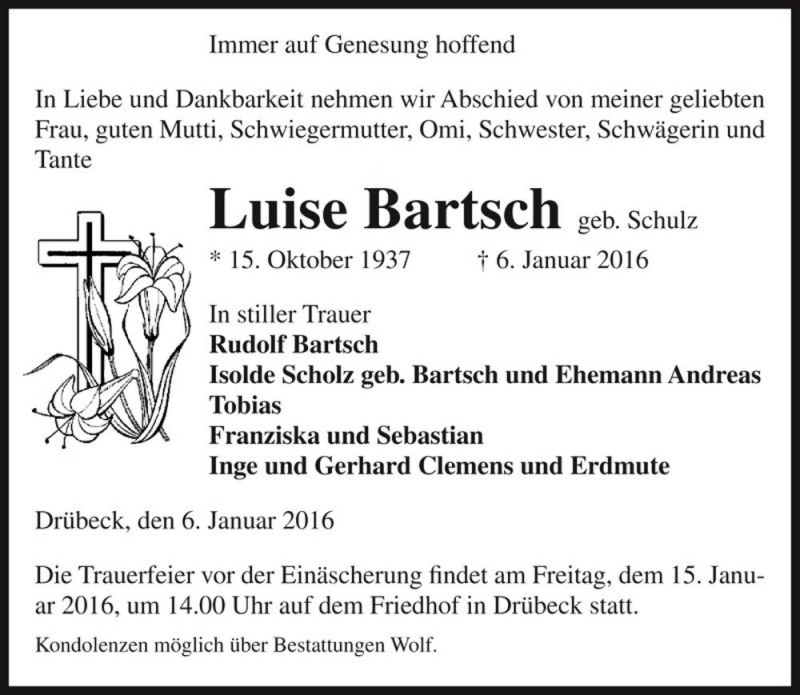  Traueranzeige für Luise Bartsch (geb. Schulz)  vom 09.01.2016 aus Magdeburger Volksstimme