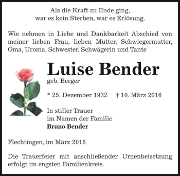 Traueranzeige von Luise Bender (geb. Berger)  von Magdeburger Volksstimme
