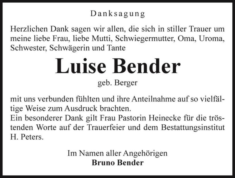  Traueranzeige für Luise Bender (geb. Berger)  vom 09.04.2016 aus Magdeburger Volksstimme