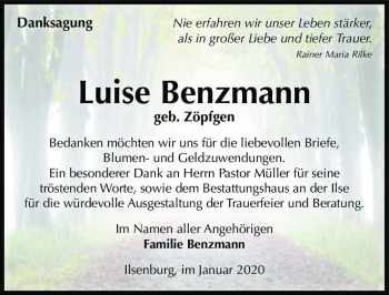 Traueranzeige von Luise Benzmann (geb. Zöpfgen)  von Magdeburger Volksstimme