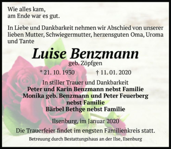 Traueranzeige von Luise Benzmann (geb. Zöpfgen)  von Magdeburger Volksstimme