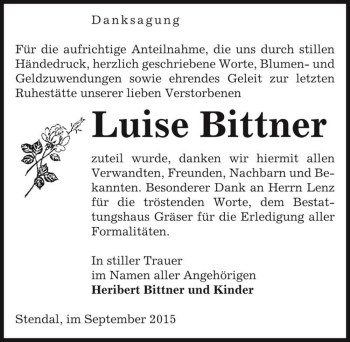 Traueranzeige von Luise Bittner  von Magdeburger Volksstimme