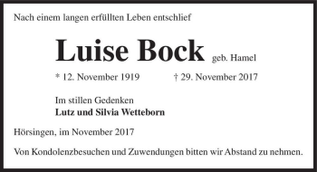 Traueranzeige von Luise Bock (geb. Hamel)  von Magdeburger Volksstimme
