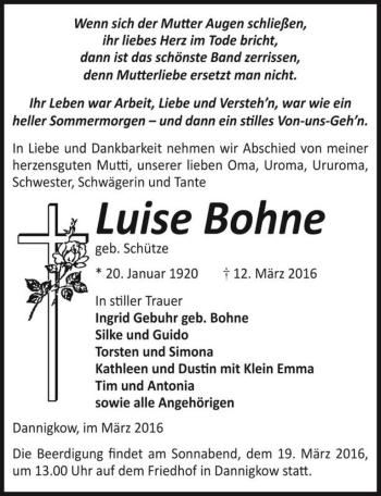 Traueranzeige von Luise Bohne (geb. Schütze)  von Magdeburger Volksstimme