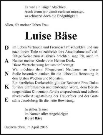 Traueranzeige von Luise Bäse  von Magdeburger Volksstimme