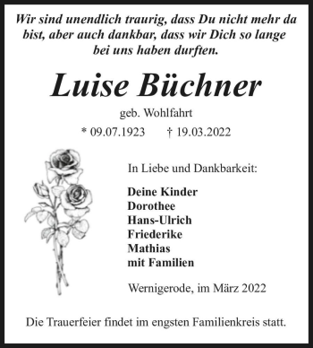 Traueranzeige von Luise Büchner (geb. Wohlfahrt)  von Magdeburger Volksstimme