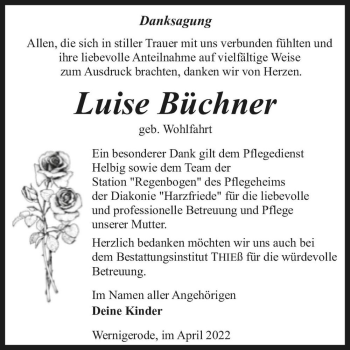 Traueranzeige von Luise Büchner (geb. Wohlfahrt)  von Magdeburger Volksstimme