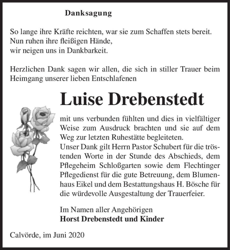  Traueranzeige für Luise Drebenstedt  vom 23.06.2020 aus Magdeburger Volksstimme