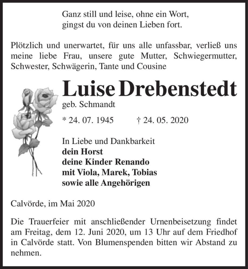  Traueranzeige für Luise Drebenstedt (geb. Schmandt)  vom 06.06.2020 aus Magdeburger Volksstimme