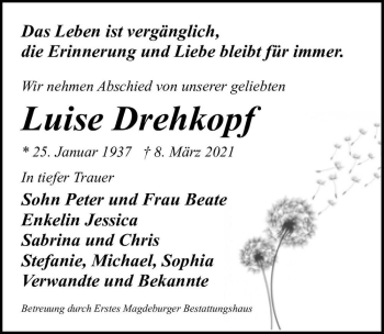 Traueranzeige von Luise Drehkopf  von Magdeburger Volksstimme