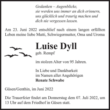 Traueranzeige von Luise Dyll (geb. Rempf)  von Magdeburger Volksstimme