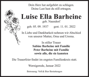 Traueranzeige von Luise Ella Barheine (geb. Naundorf)  von Magdeburger Volksstimme