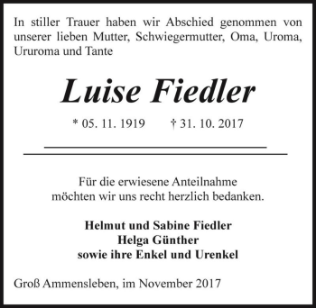 Traueranzeige von Luise Fiedler  von Magdeburger Volksstimme