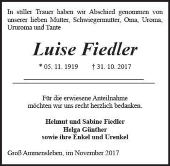 Traueranzeige von Luise Fiedler  von Magdeburger Volksstimme