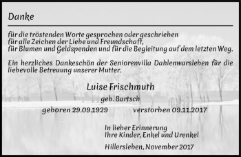 Traueranzeige von Luise Frischmuth (geb. Bartsch)  von Magdeburger Volksstimme