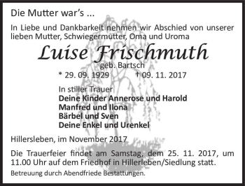 Traueranzeige von Luise Frischmuth (geb. Bartsch)  von Magdeburger Volksstimme