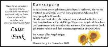 Traueranzeige von Luise Funk  von Magdeburger Volksstimme