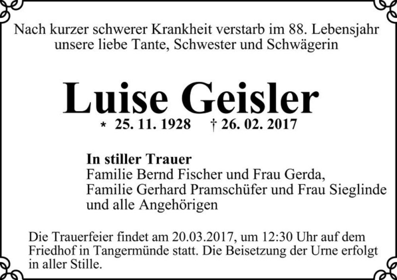  Traueranzeige für Luise Geisler  vom 09.03.2017 aus Magdeburger Volksstimme