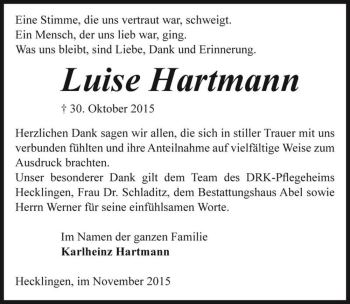 Traueranzeige von Luise Hartmann  von Magdeburger Volksstimme