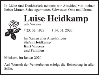 Traueranzeige von Luise Heidkamp (geb. Vincenz)  von Magdeburger Volksstimme