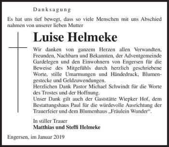 Traueranzeige von Luise Helmeke  von Magdeburger Volksstimme
