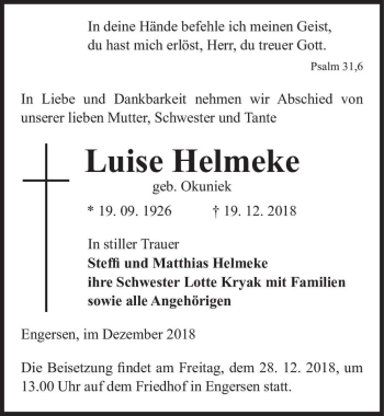 Traueranzeige von Luise Helmeke (geb. Okuniek)  von Magdeburger Volksstimme