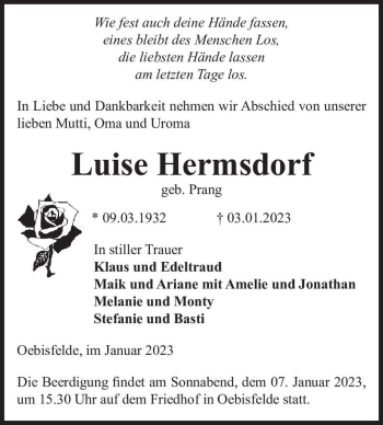 Traueranzeige von Luise Hermsdorf (geb. Prang)  von Magdeburger Volksstimme