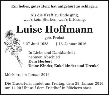 Traueranzeige von Luise Hoffmann (geb. Probst)  von Magdeburger Volksstimme
