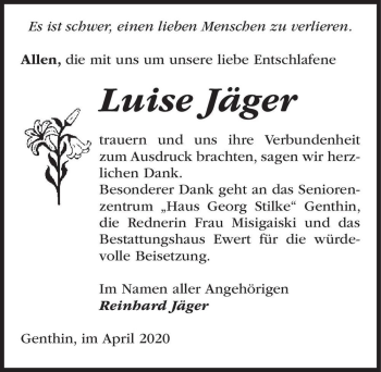 Traueranzeige von Luise Jäger  von Magdeburger Volksstimme