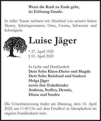 Traueranzeige von Luise Jäger  von Magdeburger Volksstimme