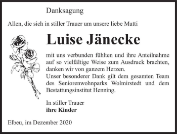 Traueranzeige von Luise Jänecke  von Magdeburger Volksstimme