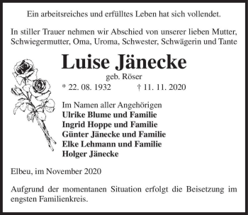 Traueranzeige von Luise Jänecke (geb. Röser)  von Magdeburger Volksstimme