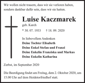Traueranzeige von Luise Kaczmarek (geb. Karch)  von Magdeburger Volksstimme