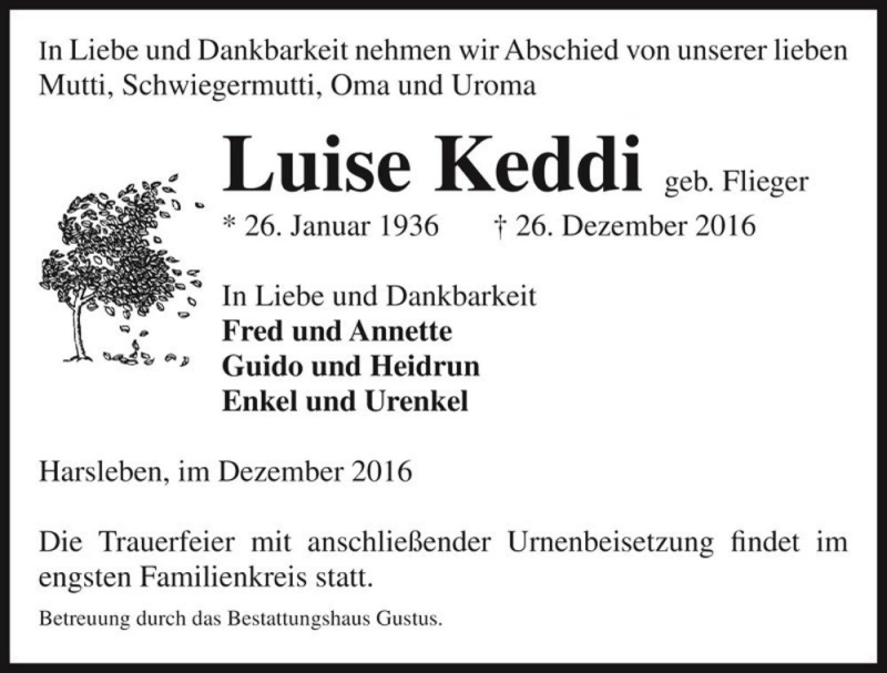  Traueranzeige für Luise Keddi (geb. Wittke)  vom 31.12.2016 aus Magdeburger Volksstimme